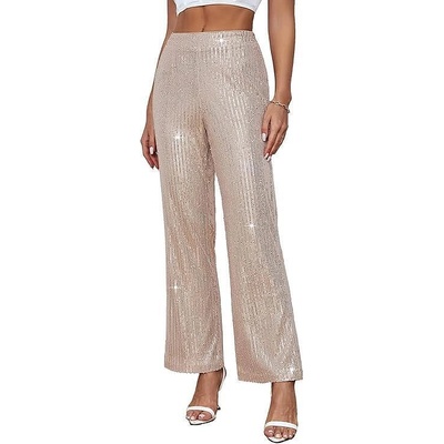 Ластични панталони с висока талия и блестящи пайети, бежови