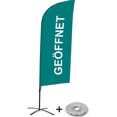 Jansen Display Kompletní sada reklamní vlajky ve tvaru křídla, Otevřeno, zelená, německy Křížová Základna, 1273 x 3030 mm