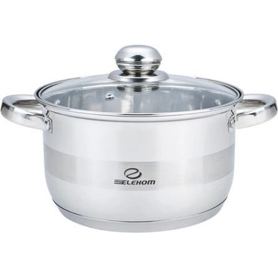 Elekom Елеком Тенджера инокс , Стъклен капак, Индукционно дъно, Размери 16 см x 10, 5 см, полезен обем 2, 0 л. , Скала за литраж, 7 слойно дъно (ЕК-1610 G)