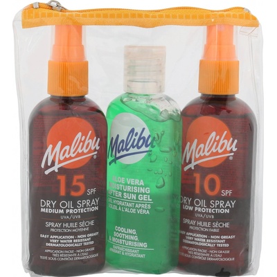 Malibu Dry Oil Spray SPF15 100 ml + suchý olej na opaľovanie SPF10 100 ml + gél po opaľovanie Aloe Vera 100 ml