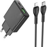 hoco. N38 зарядно устройство USB+Type-C гнездо 20W, тънко + Lightning кабел, ЧЕРНО N38 ЧЕРНО+КАБЕЛ (N38 BLACK+CABLE)