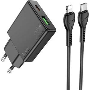 hoco. N38 зарядно устройство USB+Type-C гнездо 20W, тънко + Lightning кабел, ЧЕРНО N38 ЧЕРНО+КАБЕЛ (N38 BLACK+CABLE)