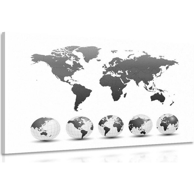 Obraz globusy s mapou světa v černobílém provedení - 90x60