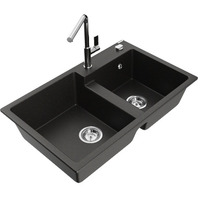 Mexen Tomas двукоморна мивка гранит с кухненски смесител Flora, черен/златен металик - 6516-75-670401-00 (6516-75-670401-00)