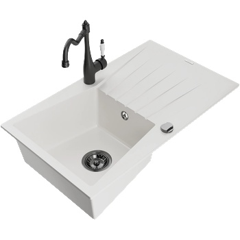 Mexen Cesar гранитна кухненска мивка с 1 отделение и отцедник и кухненски смесител Carla, бял - 6514-20-670700-70 (6514-20-670700-70)