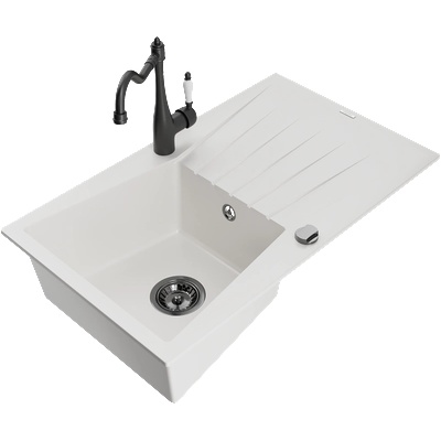 Mexen Cesar гранитна кухненска мивка с 1 отделение и отцедник и кухненски смесител Carla, бял - 6514-20-670700-70 (6514-20-670700-70)