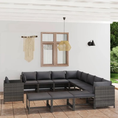 vidaXL Градински комплект с възглавници, 12 части, полиратан, сив (3059776)