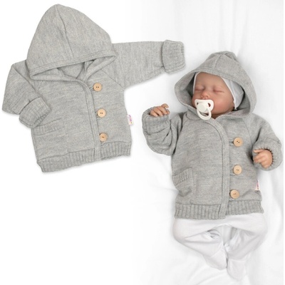 Baby Nellys Rostoucí pletený svetřík s kapucí zapínání knoflíčky šedý