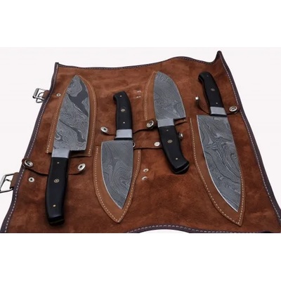 Комплект ножове (4 броя) от дамаска стомана - ръчна изработка с чанта от естествена кожа - cb 100063