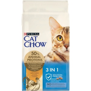 Cat Chow 3 в 1 - Храна, богата на пуешко месо, 15 кг