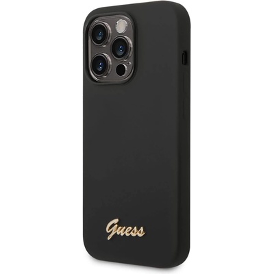 GUESS Liquid Silicone Metal Logo Case - силиконов (TPU) калъф за iPhone 14 Pro (черен)