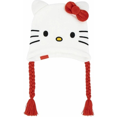 OEM Dětská zimní čepice s copánky Hello Kitty Kitty s červenou mašlí