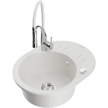 Mexen Kevin гранитна кухненска мивка с 1 корито с отцедник и кухненски смесител Aster, бял - 6517-20-73450-02 (6517-20-73450-02)