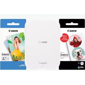 Canon Фотопринтер Canon ZOEMINI 2, цвят „перлено бяло + 20 листа ZINK фотохартия с размери 5x7, 6 см + 10 листа ZINK хартия за кръгли стикери с диаметър 3, 3 см