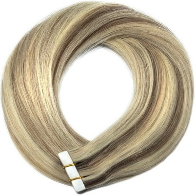 TAPE IN vlasy Premium 50 cm – 20 pásků, 50 g, melír ledová blond / světle hnědá, pravé indické vlasy