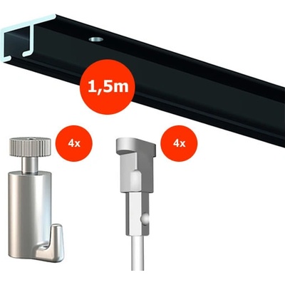 Artiteq Stropní závěsný set na obrázky - Top Rail 1,5m, černý + 4x perlon včetně háčků