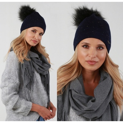 Fashionweek dámská zimní čepice s bambulí Multicolor ZIZI-P8 tmave modry
