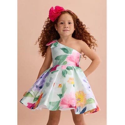 Abel & Lula Нежна рокля с едно рамо в ментов цвят с пъстри цветя за момиче Abel&Lula