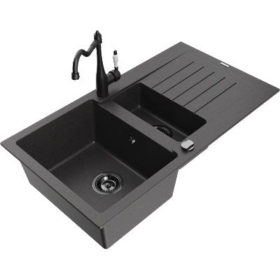 Mexen Matias гранитна мивка с 1, 5 камери с отцедник и кухненски смесител Carla, черна накрапена - 6502-76-670700-70-B (6502-76-670700-70-B)