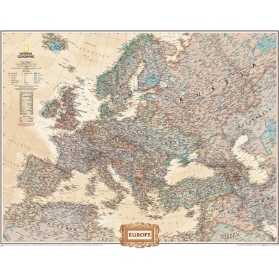 National Geographic Evropa - nástěnná mapa Executive 118 x 92 cm Varianta: bez rámu v tubusu, Provedení: laminovaná mapa v lištách