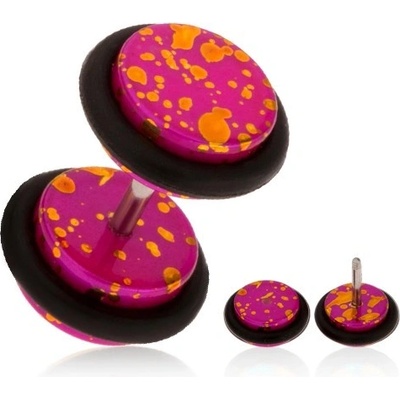 Šperky eshop akrylový fake plug do ucha fuchsiový podklad s oranžovými skvrnami gumičky PC19.29