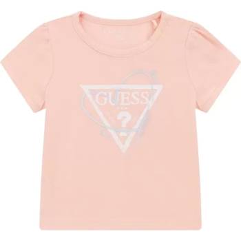 GUESS Тениска в розово за бебе момиче с надпис и контрастно сърце Guess