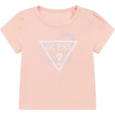 GUESS Тениска в розово за бебе момиче с надпис и контрастно сърце Guess