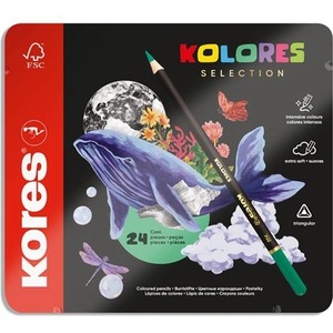 Kores Комплект цветни моливи, триъгълни, метална кутия, KORES "Kolores Selection", 24 различни цвята 93325 (93325)