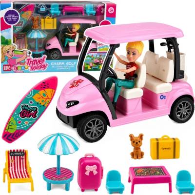 LEAN Toys Golfový set s ružovým golfovým vozíkom bábikou psíkom a prázdninovými doplnkami