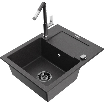 Mexen Enzo гранитна мивка с 1 отделение с отцедник и кухненски смесител Flora, черно на пръски - 6506-76-670401-08-B (6506-76-670401-08-B)