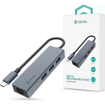 Rozbočovač/adaptér Devia Leopard 5v1 USB Type-C + 3 x USB-A + vstup RJ45, sivý