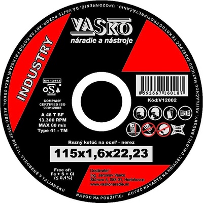 Rezný kotúč na kov a nerez 115 x 1,6 x 22,2 INDUSTRY