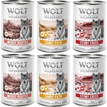 Wolf of Wilderness 6x400г Senior Wolf of Wilderness, консервирана храна за кучета - смесена опаковка (2x птиче със свинско, 2x с пилешко, говеждо)