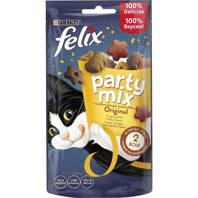 Purina FELIX Party Mix Original - Хрупкави награди за котки с пилешко, черен дроб и пуешко, 60 г