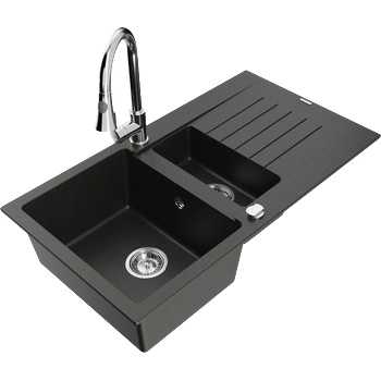 Mexen Matias гранитна мивка 1, 5-камерна с отцедник и кухненски смесител Elia, черен/златен металик - 6502-75-670101-00 (6502-75-670101-00)