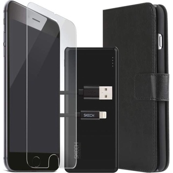Skech Bundle Pack - комплект кожен калъф, стъклено защитно покритие, външна батерия и Lightning USB кабел за iPhone 7, iPhone 8, iPhone SE (2020) (черен)