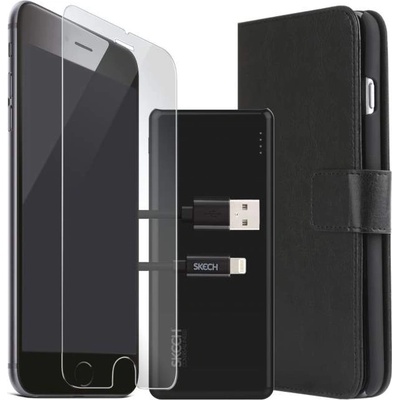 Skech Bundle Pack - комплект кожен калъф, стъклено защитно покритие, външна батерия и Lightning USB кабел за iPhone 7, iPhone 8, iPhone SE (2020) (черен)