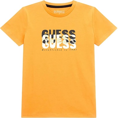 GUESS Оранжева тениска с къс ръкав с трицветен надпис Guess за момче