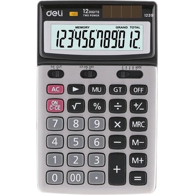 Deli Калкулатор Deli Smart E1239, 12 разряден дисплей, настолен, двойно захранване, Memory, Mark Up (MU), Grand Total (GT), %, бутон за бърза корекция, корен квадратен, сребрист (Smart E1239)