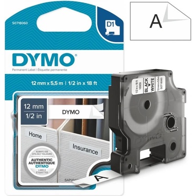 Páska Dymo D1 - Permanent, 12mm (16959) bílá, černý tisk, 5,5m