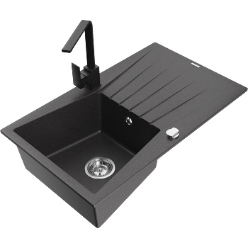 Mexen Cesar еднокамерна гранитна мивка с изцедник и кухненски смесител Rita, черен с пръски - 6514-76-670300-70 (6514-76-670300-70)