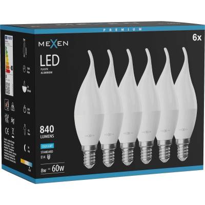 Mexen Nova 6x LED крушка пламък E14, C37, 8W, Студена - 6500K, 840 lm - L106-E14-0865-01x06 (L106-E14-0865-01x06)