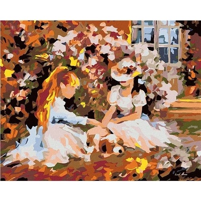 Zuty Malování podle čísel Dívky v zahradě a štěně 50 x 40 cm bez rámu a bez vypnutí plátna