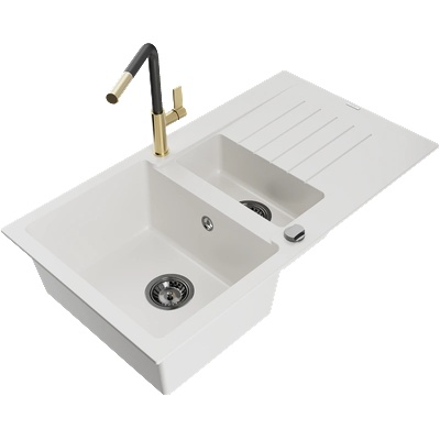 Mexen Matias гранитна мивка с 1, 5 камери и отцедник и кухненски смесител Flora, бял - 6502-20-670401-57-B (6502-20-670401-57-B)