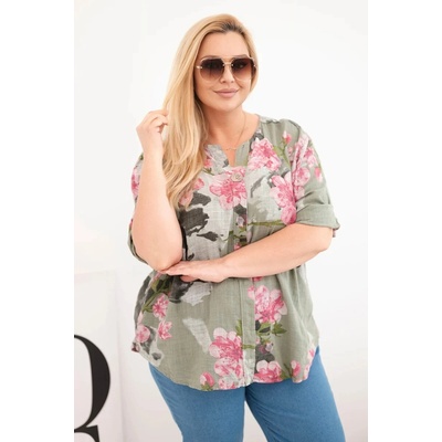 Fashionweek dámska bavlnená blúzka Plus Size s kvetinovým vzorom K1088-1 khaki