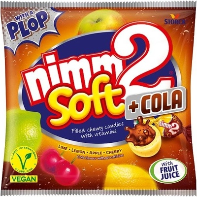 nimm2 Soft + Cola Plop plněné žvýkací ovocné bonbony s vitaminy s příchutí koly 90 g