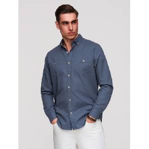 Ombre Clothing Мъжка ленена риза с класически ръб и джобове REGULAR FIT - синя V4 OM-SHCS-0134 Ombre Clothing Ombre Clothing | Sin | МЪЖЕ | S
