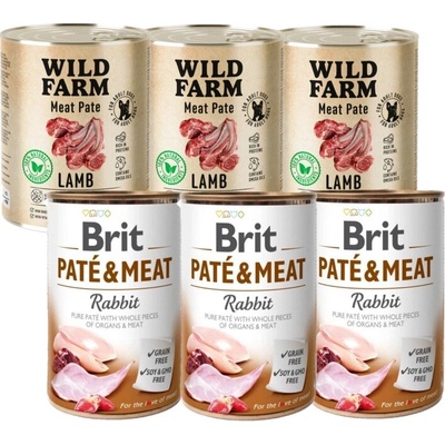 Brit Pate & Meat Rabbit 3 x 800 g + Wild Farm Paštéta z jahňacieho mäsa 3 x 800 g