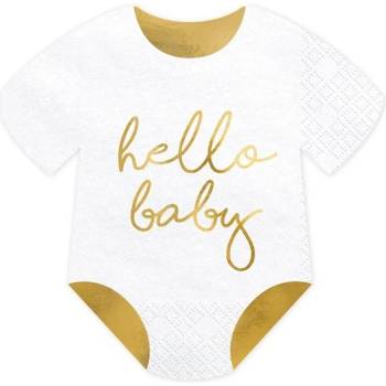 PartyDeco Салфетки Бебешки Гащеризон - Hello Baby, бял, 16х16см - (1 пакет / 20 бр. )