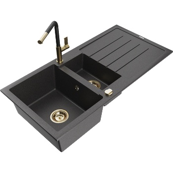 Mexen Andres гранитна мивка 1, 5-коморна с отцедник и кухненски смесител Flora, черно с пръски - 6515-76-670401-57-G (6515-76-670401-57-G)